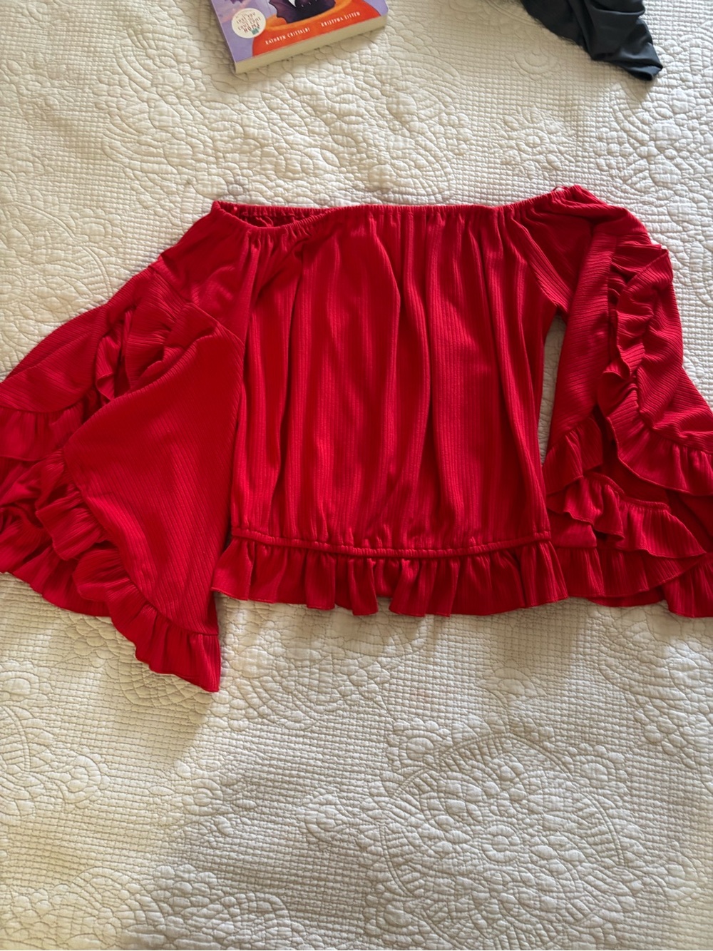 Buckle Red Off-Shoulder Ruffle Blouse - Picture 1 of 1